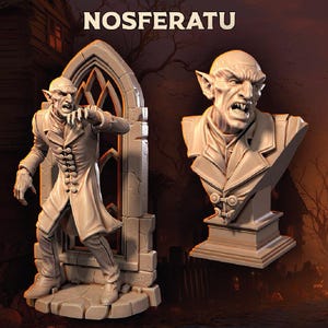 May include: A beige Nosferatu figure and bust are displayed. The full figure stands in front of a gothic archway. The bust features a detailed face and a coat. The word "NOSFERATU" is printed at the top.