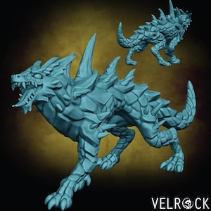 May include: A 3D printed miniature of a blue, spiky, reptilian creature with a snarling expression. The creature has a long tail and sharp claws. It is posed in a running position.
