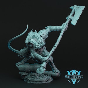 May include: A gray, detailed miniature of a rat-like creature wearing armor and wielding a large axe. The creature is standing on a base with a cannon. The miniature is made by Witchsong.