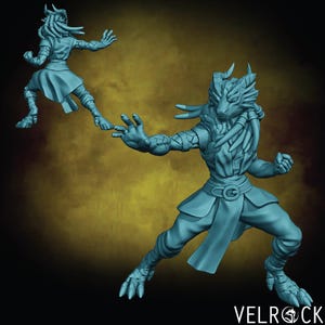 May include: A blue 3D printed miniature of a humanoid figure with reptilian features. The figure is posed in a fighting stance with one arm extended forward and the other arm bent at the elbow. The figure is wearing a long skirt and has a long tail.