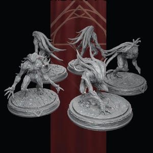 May include: Five grey monster figurines, each with a unique pose, stand on circular bases. The figures have detailed, textured bodies and long, flowing hair-like appendages. The background is a dark red. The figurines are suitable for tabletop gaming.