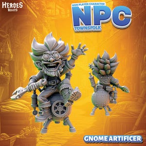 Puede incluir: Dos figuras grises de Gnome Artificer. Una está sentada en un dispositivo mecánico, sosteniendo una llave, con el texto "NPC TOWNFOLK" arriba. La otra figura está de pie, también sosteniendo una llave. La imagen tiene el texto "HEROES BEASTS".
