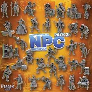 Może przedstawiać: Kolekcja szarych miniaturowych figurek r&oacute;żnych postaci fantasy, w tym wojownik&oacute;w i mieszkańc&oacute;w miasteczka. Obraz zawiera tekst "NPC PACK 2 TOWNSFOLK" i logo "HEROES BEASTS".