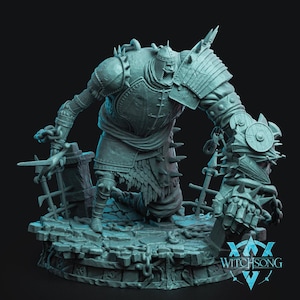 May include: A detailed, teal-colored figurine of a heavily armored warrior, kneeling on a stone platform. The warrior has a spiked helmet and gauntlets, holding a sword and shield. The base features chains and a cross-shaped fence. The Witchsong logo is visible.