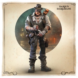 Puede incluir: Una ilustración de personaje de Darius Darkbane, un hombre con barba y sombrero, que lleva un chaleco, pantalones y botas. Está sosteniendo un cuchillo y tiene una ardilla en el hombro. El fondo es una imagen borrosa de una calle de la ciudad.