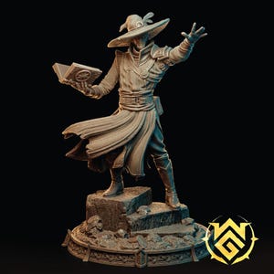 May include: A detailed, painted figurine of a wizard wearing a wide-brimmed hat and holding a book. The wizard is standing on a stone base with a circular design.