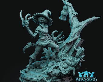May include: A gray 3D printed figurine of a scarecrow with a pumpkin head, holding a scythe and standing on a base with a tree and pumpkins. The base has the text "WITCHSONG" on it.