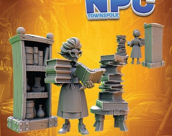 May include: A miniature figurine of a book shop owner, part of the "Heroes & Beasts" collection. The figure is holding books and is surrounded by a bookshelf, a stack of books, and a small table. The text "NPC Townfolk" and "Book Shop Owner" are visible.