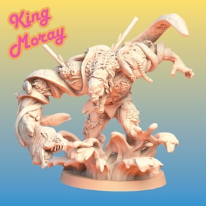 May include: A detailed, beige-colored miniature figurine of a monstrous creature with a fish-like head and body, covered in scales and seaweed. The creature is standing on a base with waves sculpted around it. The text "King Moray" is written in pink letters in the top left corner of the image.