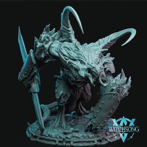 May include: A detailed grey and white 3D printed miniature of a monstrous creature with horns, claws, and a shield. The creature is standing on a circular base with the text "WITCHSONG" printed on it.