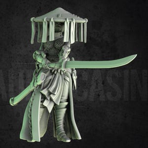 May include: A detailed 3D-printed figurine of a warrior, clad in armor and a traditional hat with hanging fabric. The figure is holding a curved sword. The color palette is monochromatic, with a focus on the intricate details of the design.