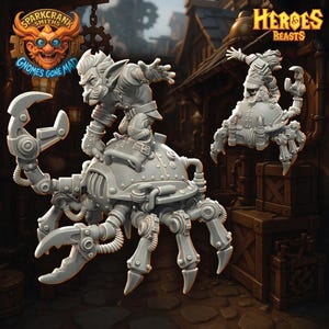 Puede incluir: Dos figuras grises en miniatura de gnomos montados en criaturas mecánicas con forma de araña. Las figuras están detalladas con engranajes, remaches y extremidades articuladas. La imagen incluye el texto "Sparkcrank Smiths Gnomes Gone Mad" y "Heroes & Beasts".