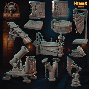 May include: A collection of gray miniature terrain pieces for tabletop gaming. Includes walls, a cannon, a well, a sign, and other structures. The "Furnacebiters" and "Heroes & Beasts" logos are visible.