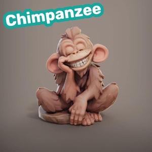 Puede incluir: Una figura de chimpancé marrón en posición sentada, sonriendo ampliamente con los ojos cerrados. La figura tiene detalles de pelaje y apoya la cabeza en su mano. La palabra "Chimpanzee" está escrita en turquesa en la parte superior.