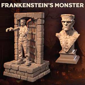May include: A detailed, light-colored sculpture of Frankenstein's Monster. The sculpture includes a full figure in front of a stone archway with a barred gate and a bust on a pedestal. The text "FRANKENSTEIN'S MONSTER" is at the top.