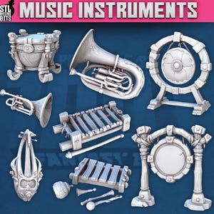 May include: A selection of grey musical instruments, including a drum, tuba, trumpet, xylophone, gong, and harp, set against a blue backdrop. The words "MUSIC INSTRUMENTS" are displayed at the top.