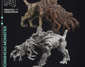 May include: Two Wormhead Monster figurines, one in brown and the other in gray, are displayed. The brown monster has a textured, organic appearance. The gray monster has a skeletal look. The text "WORMHEAD MONSTER" and the logo "PRINTED LTD OBSESSION" are visible.