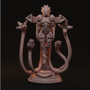 May include: A detailed, 3D printed figurine of a female robot with a futuristic design. The robot is standing on a base with three mechanical arms extending from it. The robot is wearing a suit of armor with a helmet and has a sleek, modern design.