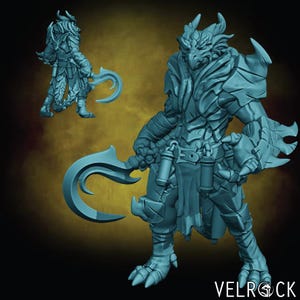 May include: A blue, detailed miniature figurine of a dragon-like creature wearing armor and holding a curved blade. The figurine is posed in a standing position with one leg forward and the other leg back. The creature has a long tail and a sharp beak. The figurine is set against a gold background.