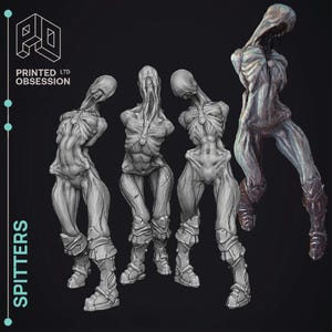 May include: A group of four gray, skeletal figures with elongated heads and detailed musculature. The figures are posed in various stances, wearing armored boots. The text "SPITTERS" is vertically aligned on the left, with the logo and text "PRINTED LTD OBSESSION" at the top.