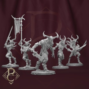 May include: A collection of five gray fantasy figurines, each depicting a horned humanoid warrior. The figures vary in pose and weaponry, including swords and a banner. The background is a dark maroon color.