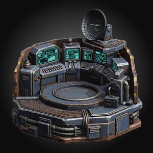 May include: A miniature sci-fi command station featuring a circular central platform surrounded by multiple consoles with glowing teal screens, various control buttons, and a large satellite dish mounted on the upper right side of the structure.