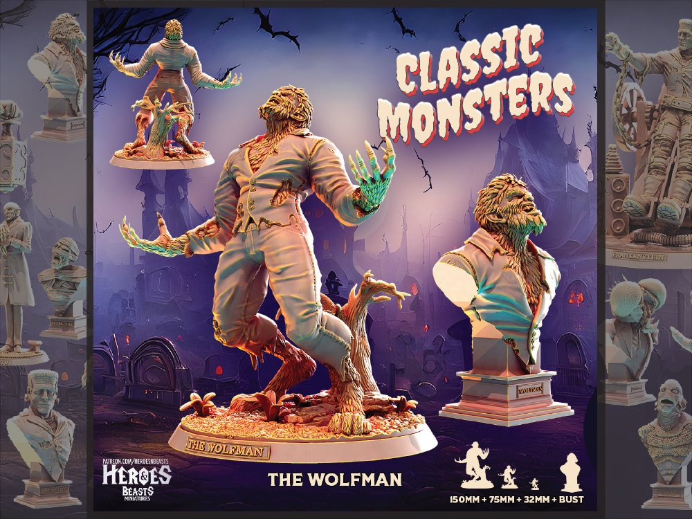 Wolfman | Weerwolfminiatuur | Heroes & Beasts | Klassieke filmmonsters | 3D-harsafdruk