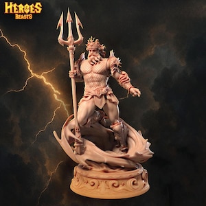 May include: A tan-colored statue of a muscular figure holding a trident, with a crown and beard. The statue is on a base with the text "HEROES BEASTS" in the upper left corner. The background features lightning.