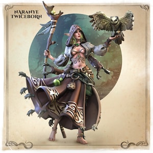 May include: A female elf character with green hair and brown eyes, wearing a brown and gold dress, a green cloak, and a necklace with a green gem. She is holding a staff with green leaves and a small owl is perched on her outstretched hand. The background is a blurred forest scene with a large, round, green and brown circle in the center. The text "NARANYE TWICEBORN" is at the top of the image.