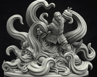 May include: A gray miniature sculpture depicts a person in a winter coat, screaming while being attacked by large tentacles. The tentacles and person emerge from a creature's mouth. The sculpture is on a round base.