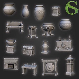 May include: A collection of gray stone decorative objects, including vases, a bench, a table, a chest, a fireplace, a gong, and a lantern. The objects have a weathered, ancient appearance, with carved details and textures.