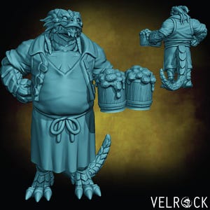 May include: A light blue, 3D-printed fantasy figure of a reptilian humanoid bartender holding two overflowing mugs of beer. The figure wears an apron and jacket. A smaller figure of the bartender is also present, holding a single mug. The figure has a tail and clawed feet.