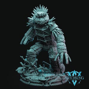 May include: A gray, detailed miniature of a creature made of wood and vines. The creature has a pumpkin-like head with a menacing expression and sharp teeth. The miniature is standing on a base with a Witchsong logo.