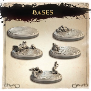 May include: Five different miniature bases for tabletop gaming. The bases are made of a gray resin and feature various textures and details, including wood planks, cracked stone, and tree roots.