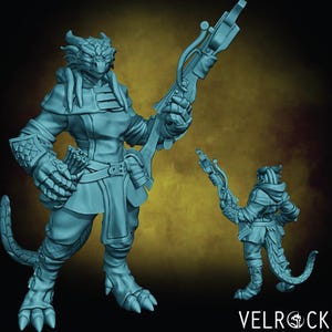 May include: A blue and green dragon-like figure with a long tail, wearing a coat and holding a crossbow. The figure is standing on a yellow background.