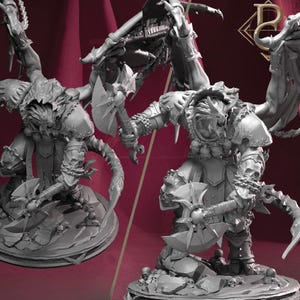 May include: A detailed grey miniature figure of a fantasy warrior, wielding an axe and adorned with armour and skeletal details. The figure is posed dynamically, with a menacing expression, and is set on a base with skulls.
