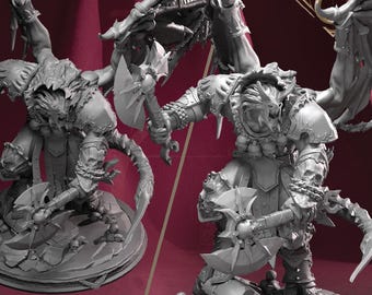 May include: A detailed gray miniature figure of a fantasy warrior, wielding an axe and adorned with armor and skeletal details. The figure is posed dynamically, with a menacing expression, and is set on a base with skulls.