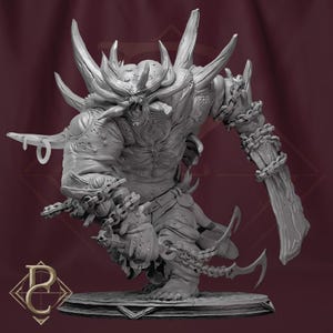 May include: A gray, detailed, 3D printed miniature of a monstrous creature with horns, chains, and a fierce expression. The creature is standing on a circular base.
