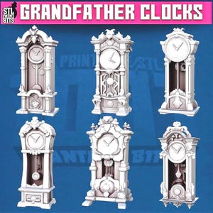 May include: A collection of six white miniature grandfather clocks. Each clock features a round clock face with hands, a pendulum, and ornate detailing. The text "GRANDFATHER CLOCKS" is displayed in a pink banner at the top of the image.