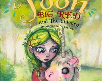 Op de afbeelding: Kinderboekcover met een meisje en een eenhoorn. De titel is "Joon, Big Red, and The Unicorn" door Marianne De Pierres, geïllustreerd door Sunshine. De illustratie is in een grillige aquarel stijl, met een groen en geel kleurenpalet.