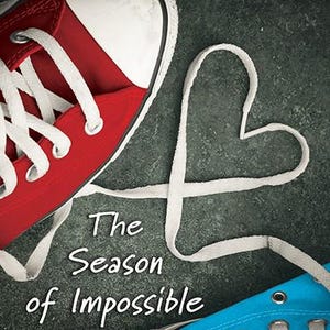May include: A book cover featuring a red sneaker and a blue sneaker with white laces arranged in a heart shape. The text reads MARIANNE de PIERRES and The Season of Impossible Dreams. The background is a dark, textured surface.