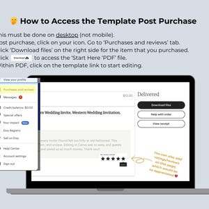May include: A laptop screen displays instructions on how to access a template after purchase. The screen shows a website with a "Download files" button and a menu with "Purchases and reviews". Text includes "How to Access the Template Post Purchase".