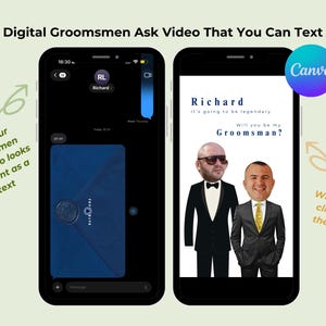 Könnte beinhalten: Zwei Smartphones zeigen eine digitale Einladung für Trauzeugen. Der linke Bildschirm zeigt eine Textnachricht mit einem blauen Umschlag-Symbol. Der rechte Bildschirm zeigt eine Grafik mit dem Text Richard, It's going to be legendary und Will you be my Groomsman? mit zwei Karikaturen in Anzügen.