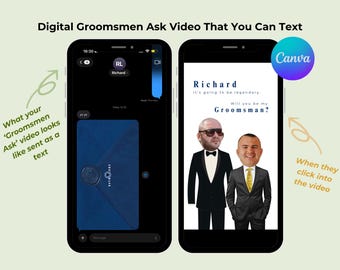 Digitale Trauzeugen-Frage-Video-Vorlage (bearbeitbar, Canva) Umschlag-Fotorahmen Anzug-Wackelköpfe Text E-Mail Soziale Medien