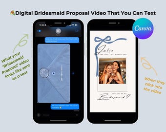 Dusty Blue Bow Bridesmaid Proposal Video Editable Canva Template Polaroid Photo Frame Typewriter Effect Digital Card Text Email Social Media