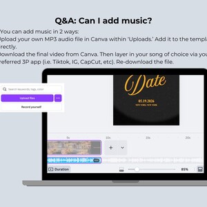 May include: A laptop screen displays a Canva interface with a video timeline and the text "Q&A: Can I add music?" Instructions explain how to add music to a video. A purple "Upload files" button is visible.