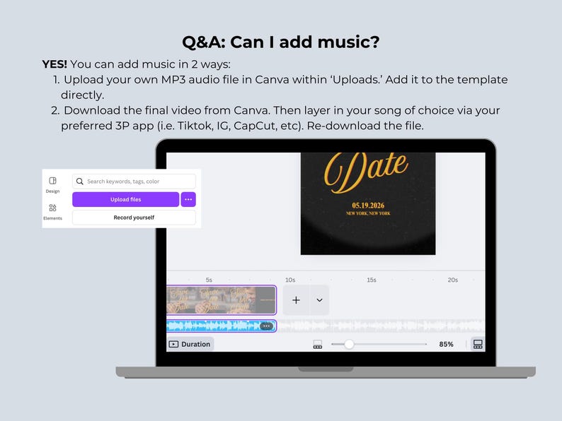 May include: A laptop screen displays a Canva interface with a video timeline and the text "Q&A: Can I add music?" Instructions explain how to add music to a video. A purple "Upload files" button is visible.