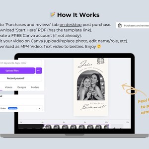May include: A laptop screen displays a Canva video template with instructions on how to edit a video. The video features two women holding champagne glasses. Text on the screen reads "Will you be my Bridesmaid?"