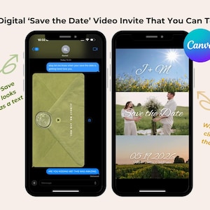Puede incluir: Dos teléfonos inteligentes muestran una invitación de video digital 'Save the Date'. Uno muestra el formato de mensaje de texto con un gráfico de sobre verde oliva. El otro muestra el video con el texto 'Save the Date' y la fecha 05.19.2026.