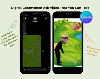Video de invitación para padrinos de boda digitales, plantilla divertida y editable de Canva, marco de fotos, tee de golf, cabezones, texto, correo electrónico, redes sociales